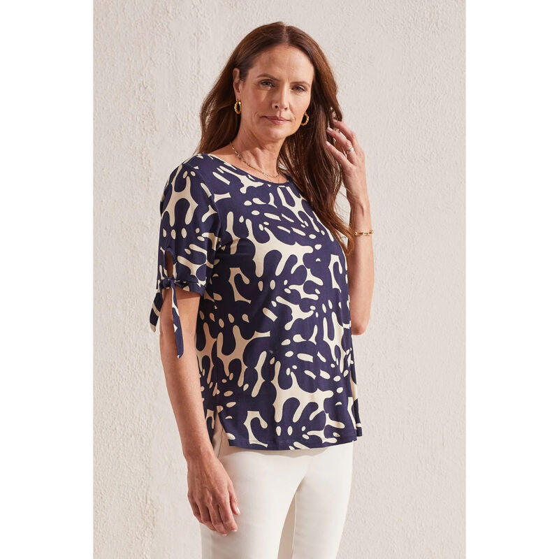 Tribal Printed Crew Neck Top With Short Sleeve Ties Womens image number 0