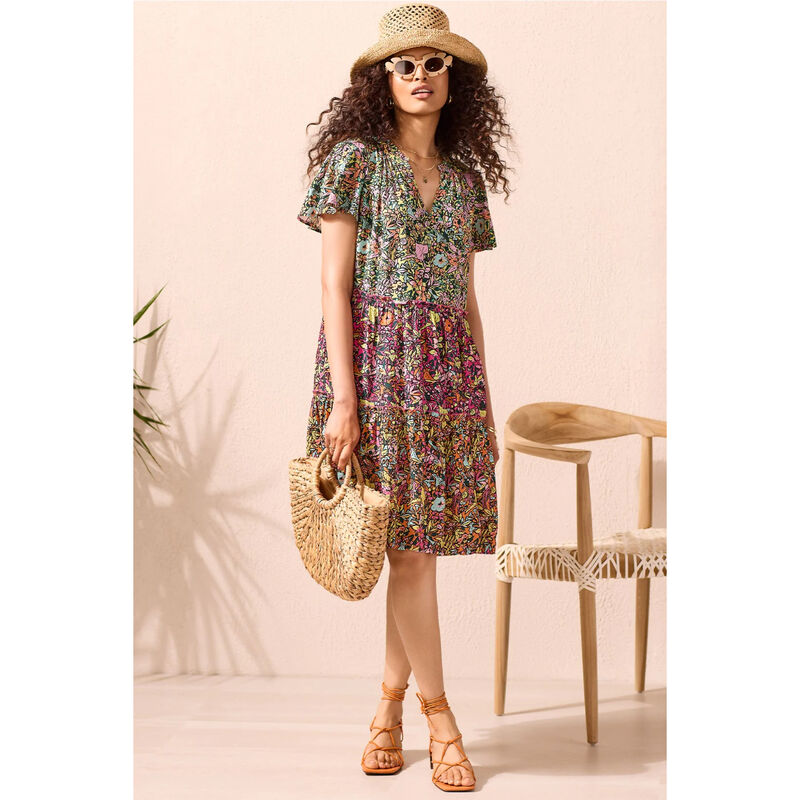 Tribal Printed Short-Sleeve Dress With Panelled Skirt Womens image number 0