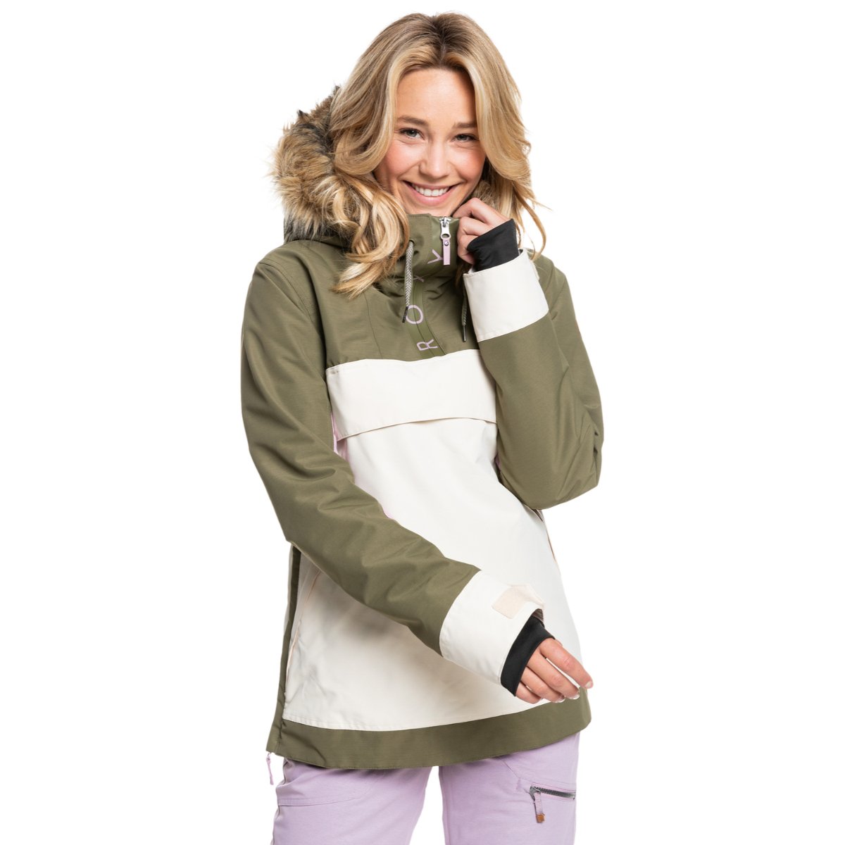 Roxy shelter ski jacket with faux cheap fur hood in cream